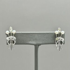 Carl-Art Earrings Sterling Silver Faux Pearl Rhinestone Screw Back Vintage MCM